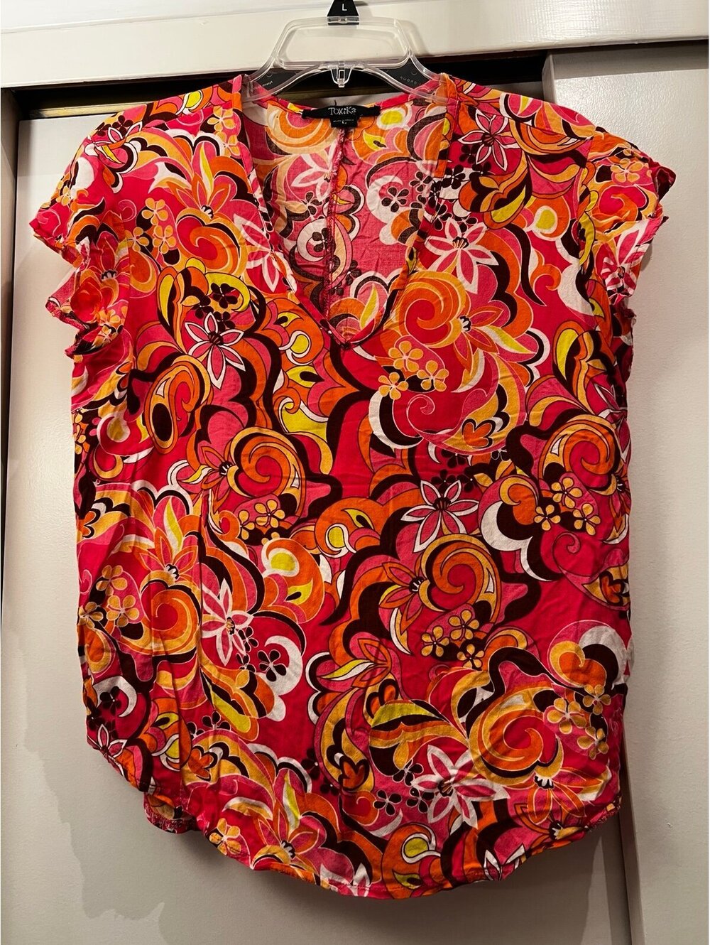 1970’s retro Women’s large orange red yellow short sleeve floral print blouse